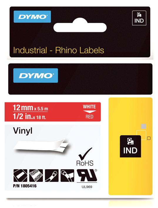 Dymo 1805416 Tape Vinyl White On Red 12mm