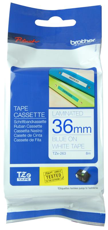 Brother Tze-263 Tape, Blue On White, 36mm