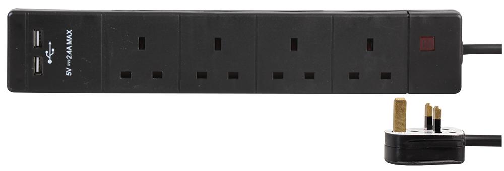 Pro Elec Pel00108 Extension 4 Gang With 2 Usb, Black 1M