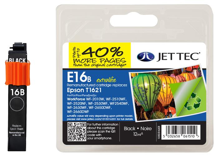 Jet Tec 101E016201 Ink Cart, Reman, Epson T1621 Black