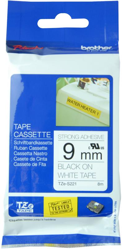 Brother Tze-S221 Tape, Black On White, 9mm