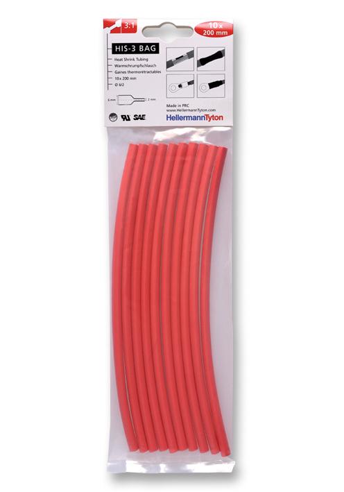 HellermannTyton 308-30611 Heatshrink, 3: 1, 6mm, Red, Pk10