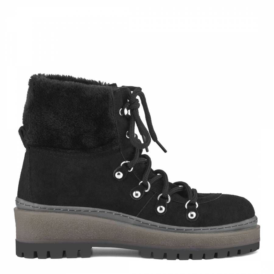 Black Suede Faux Fur Chunky Ankle Boots