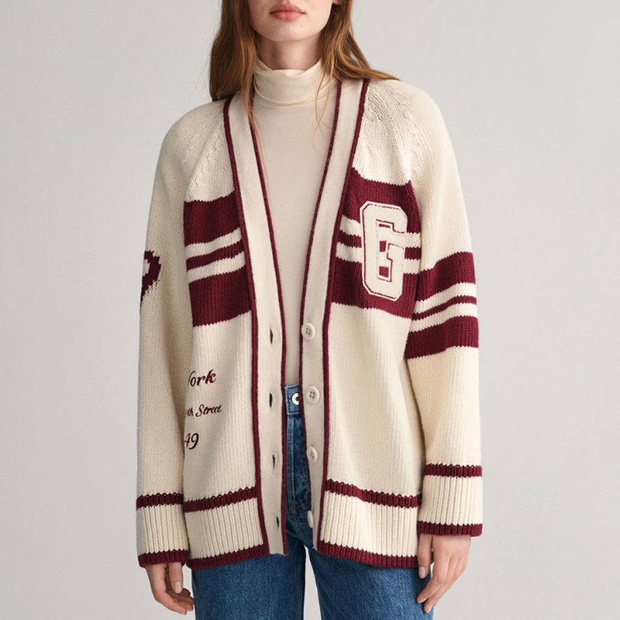 Cream Varsity V-Neck Wool Blend Cardigan