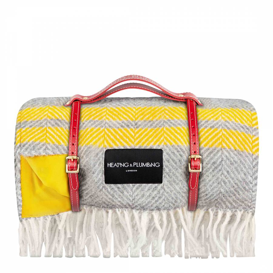 Grey & Yellow Stripes Picnic Blanket with Red Short Strap