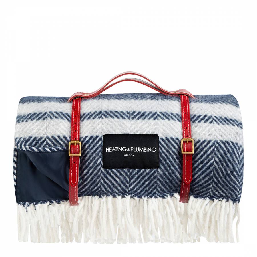 Marine Blue Stripes Picnic Blanket with Red Short Strap