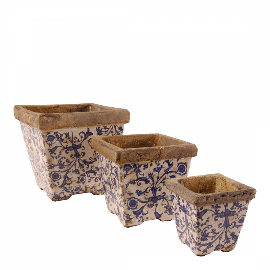 Set Of 3 Ceramic Square Flowerpots Cream/Blue