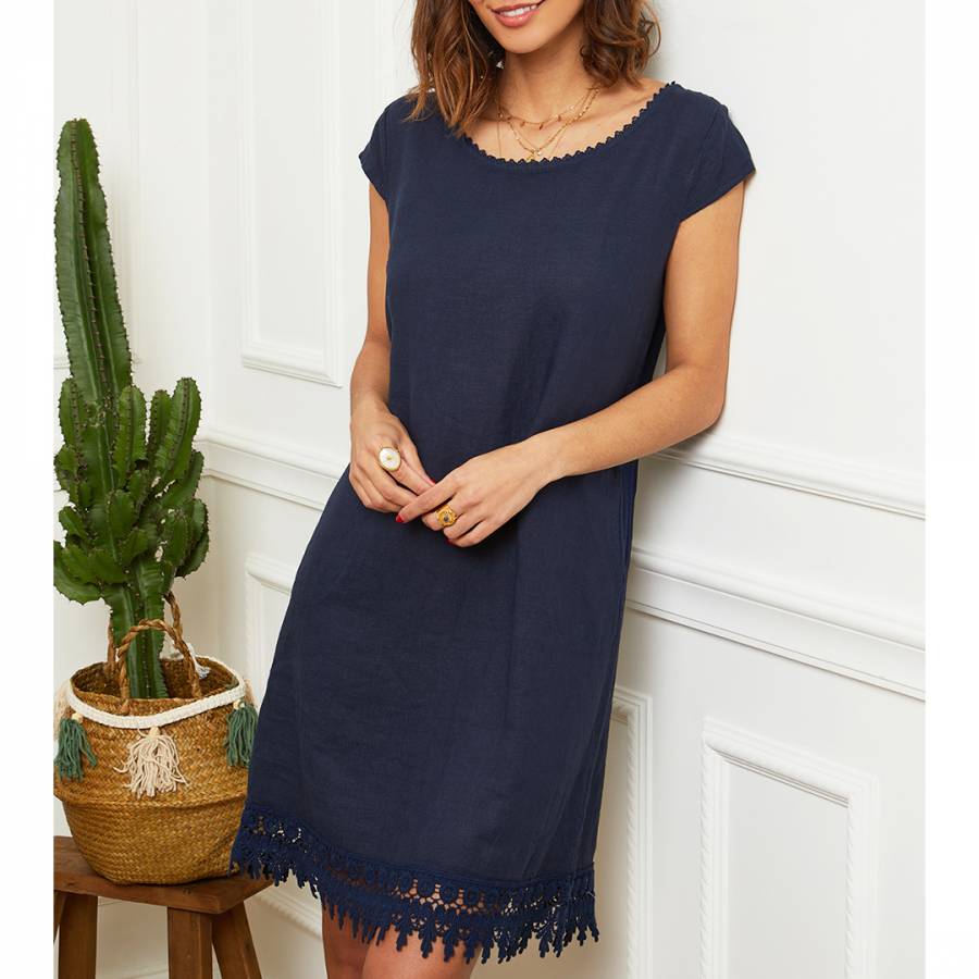 Navy Lace Trim Linen Dress