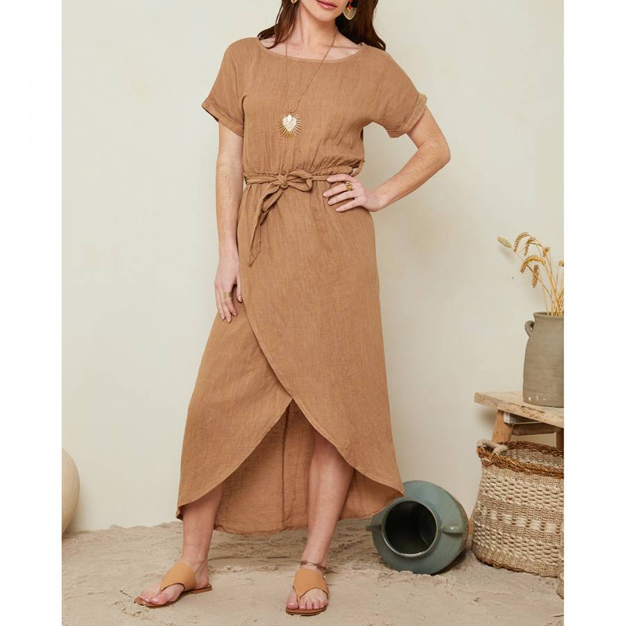 Beige Tie Waist Linen Maxi Dress