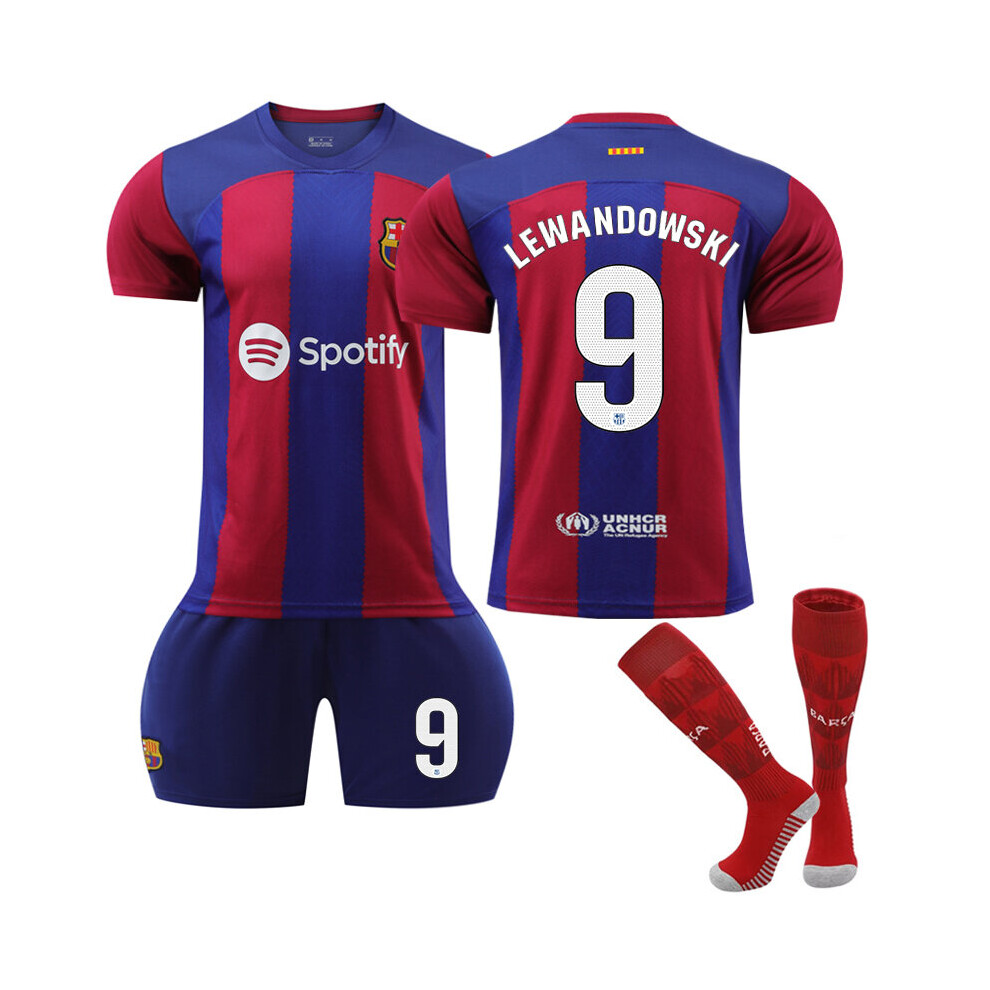 (24(130-140CM)) 2023/24 Barcelona Home #9 Lewandowski Soccer Jersey Set