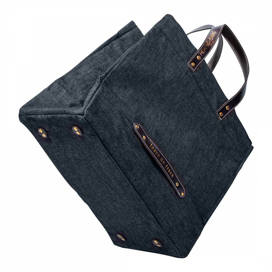 Denim Tote Bag with Navy Blue Leather Handles