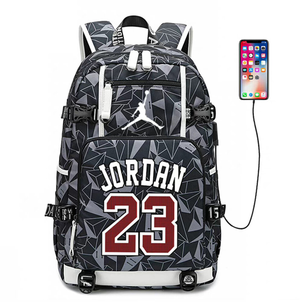(Grey) Basketball Player Jordan Logo Backpack USB Taptop Ruckpack Kid Student School Bag