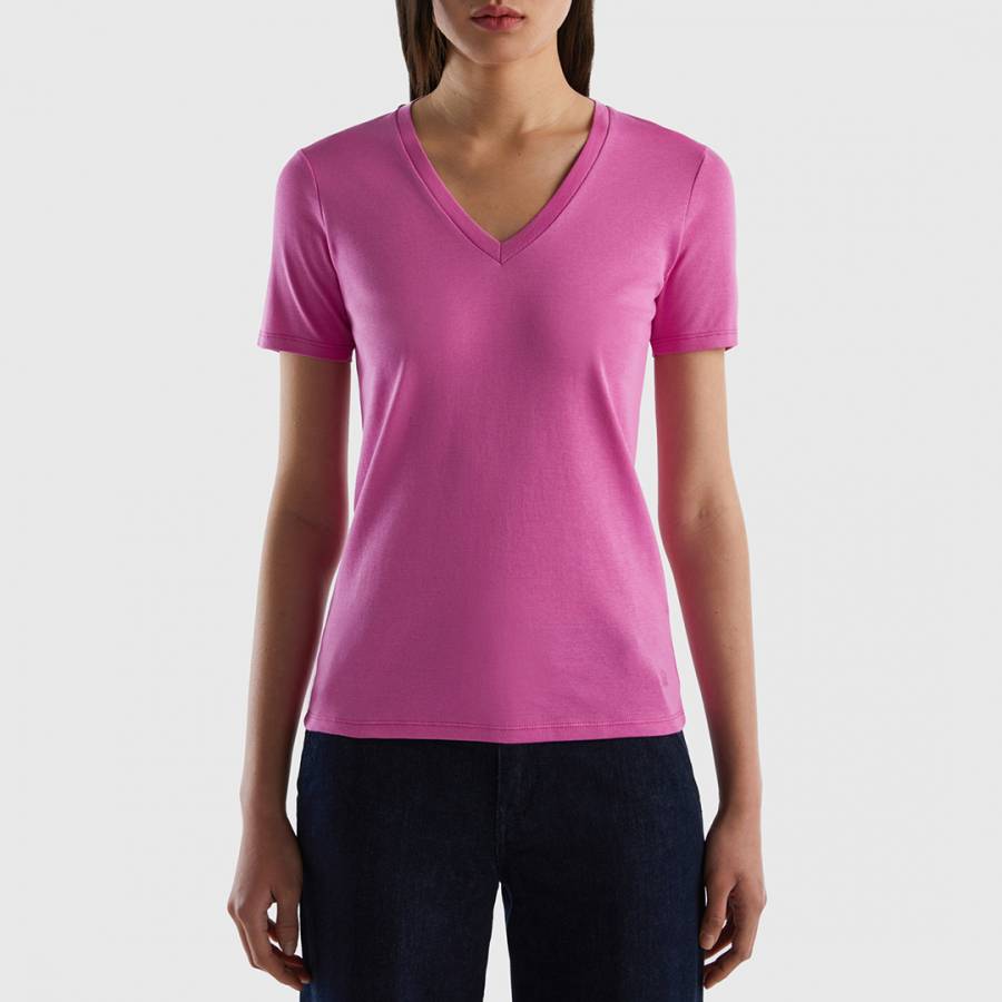 Pink V Neck Cotton T-Shirt