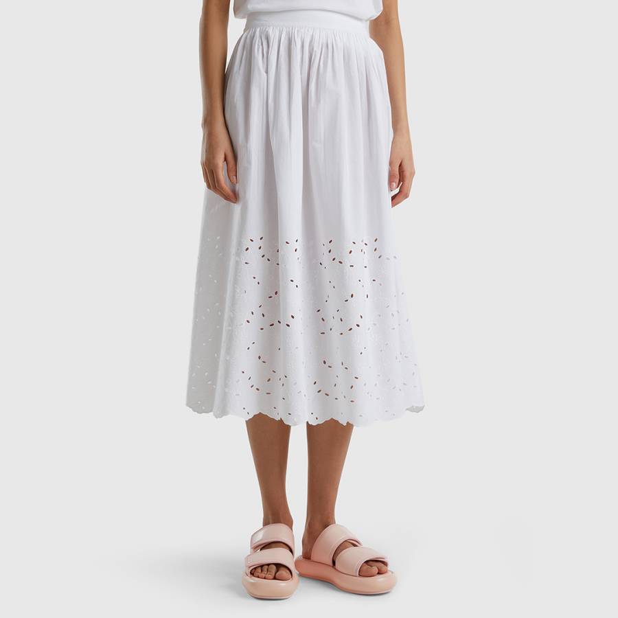 White Cut Out Cotton Midi Skirt