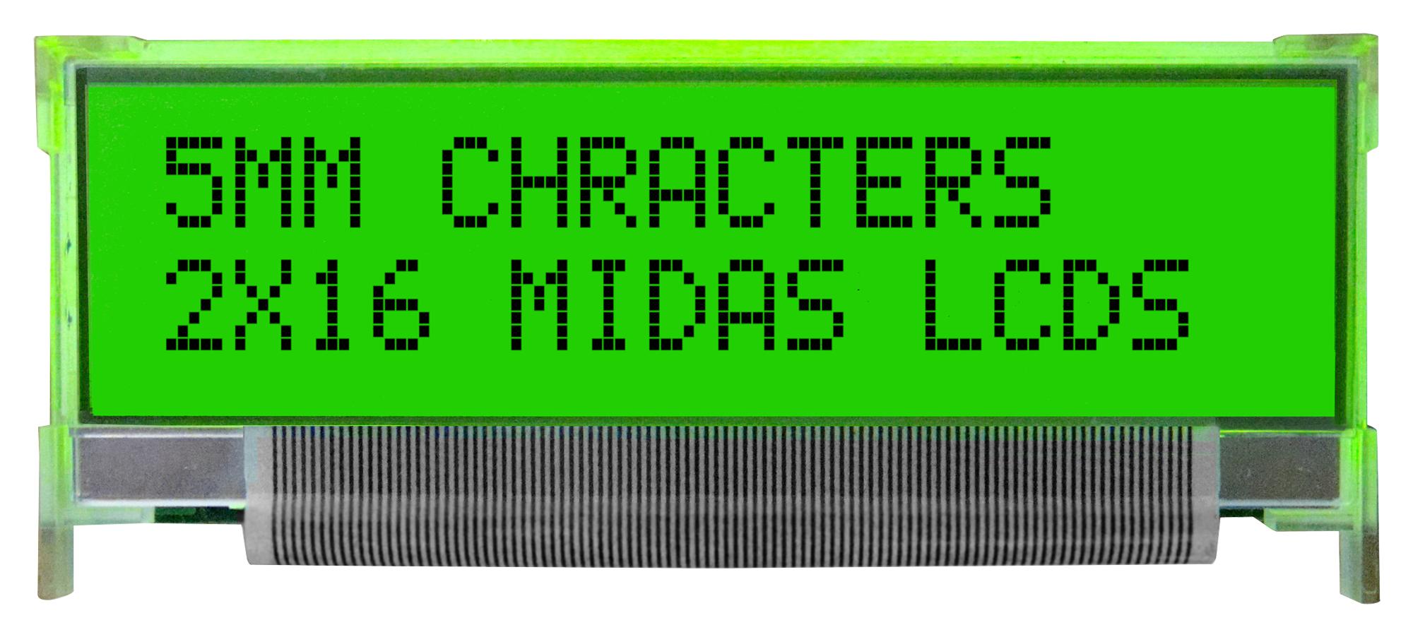 Midas Displays Mc21605L6W-Sptly Alphanumeric Display, Stn, 5.55mm, Cob
