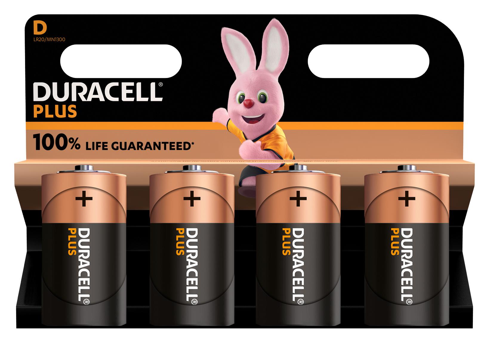 Duracell Mn1300 P4 +/pwr Battery, Alkaline, 1.5V, D