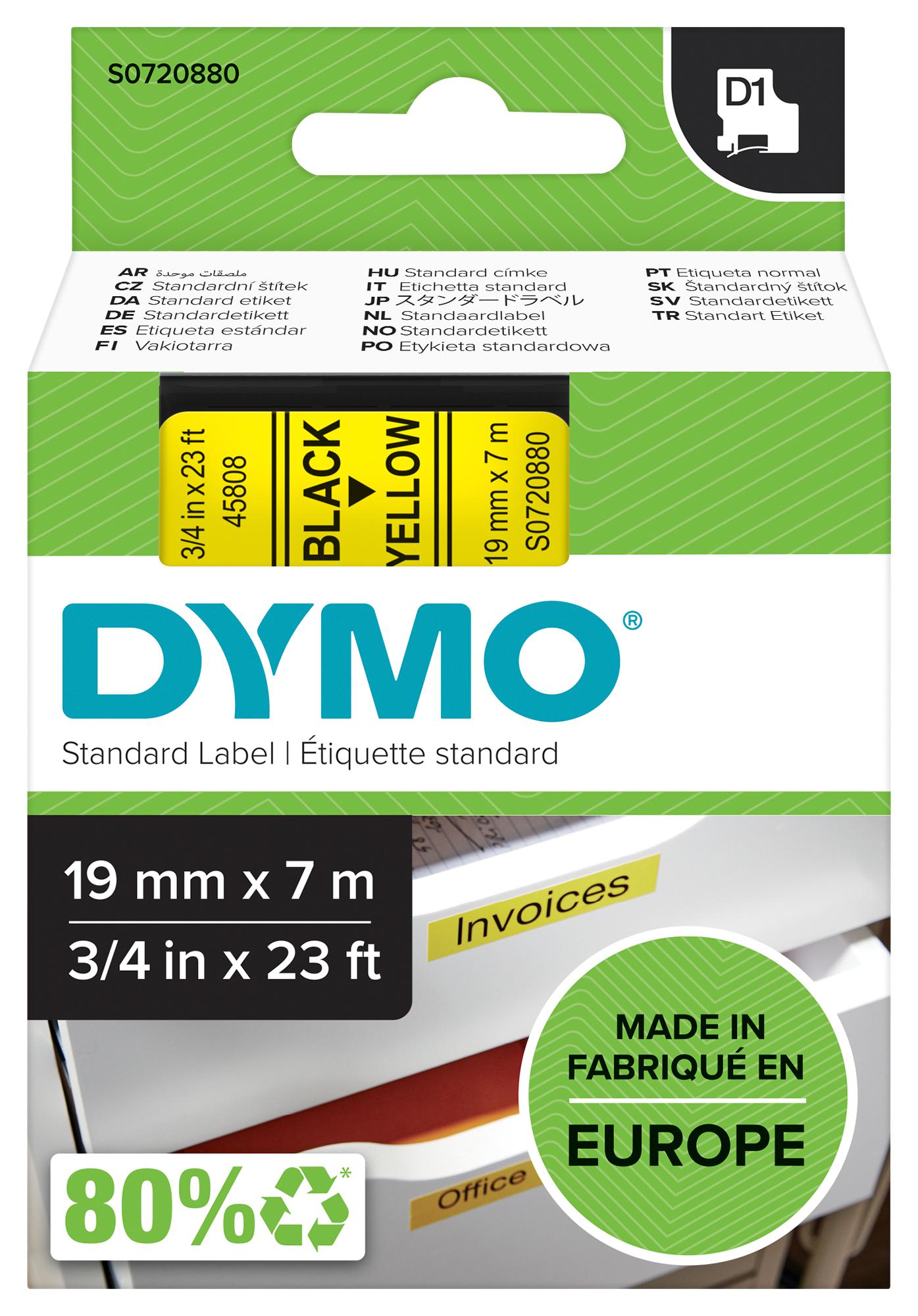 Dymo 45808 Tape, Black/yellow, 19mm