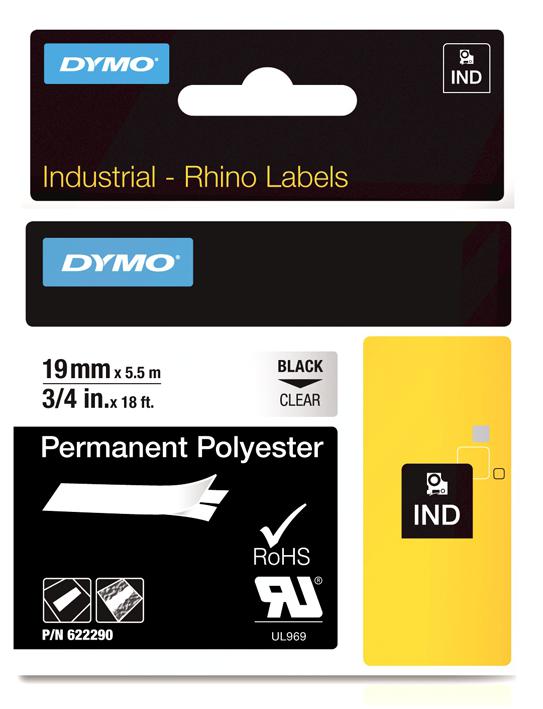 Dymo 622290 Tape Perm Poly Black On Clear 19mm