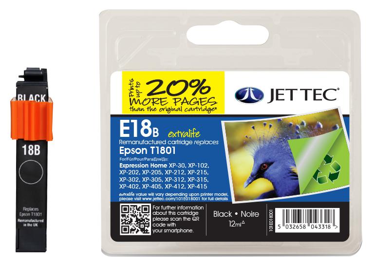 Jet Tec 101E018001 Ink Cart, Compatible, Epson T1801 Black