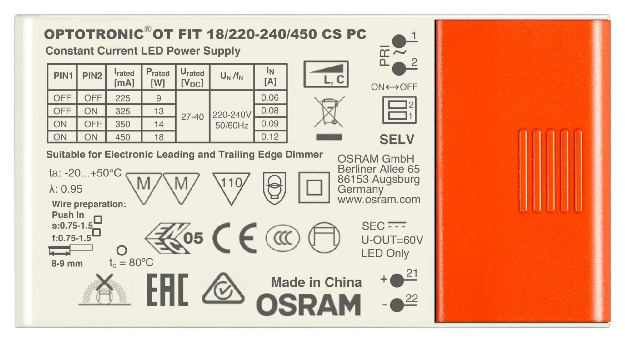 Osram Ot-Fit-18/220-240/450-Cs-Pc-Sc Led Driver, Constant Current, 60V, 18W