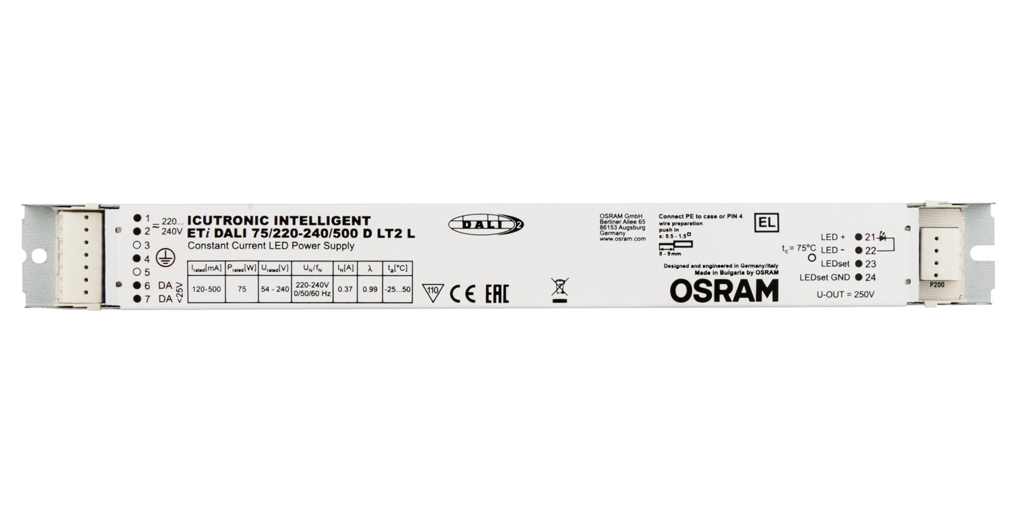 Osram Eti-Dali-75/220-240/500-D-Lt2-L Led Driver, Constant Current, 240V, 75W