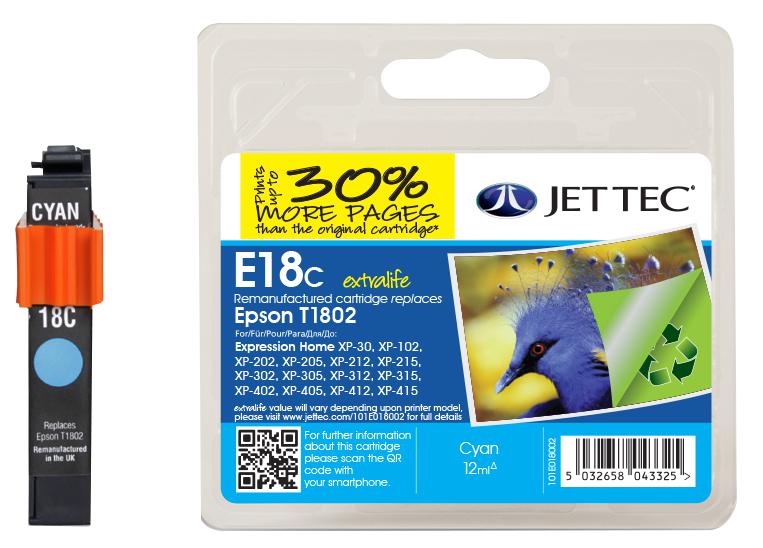 Jet Tec 101E018002 Ink Cart, Compatible, Epson T1802 Cyan