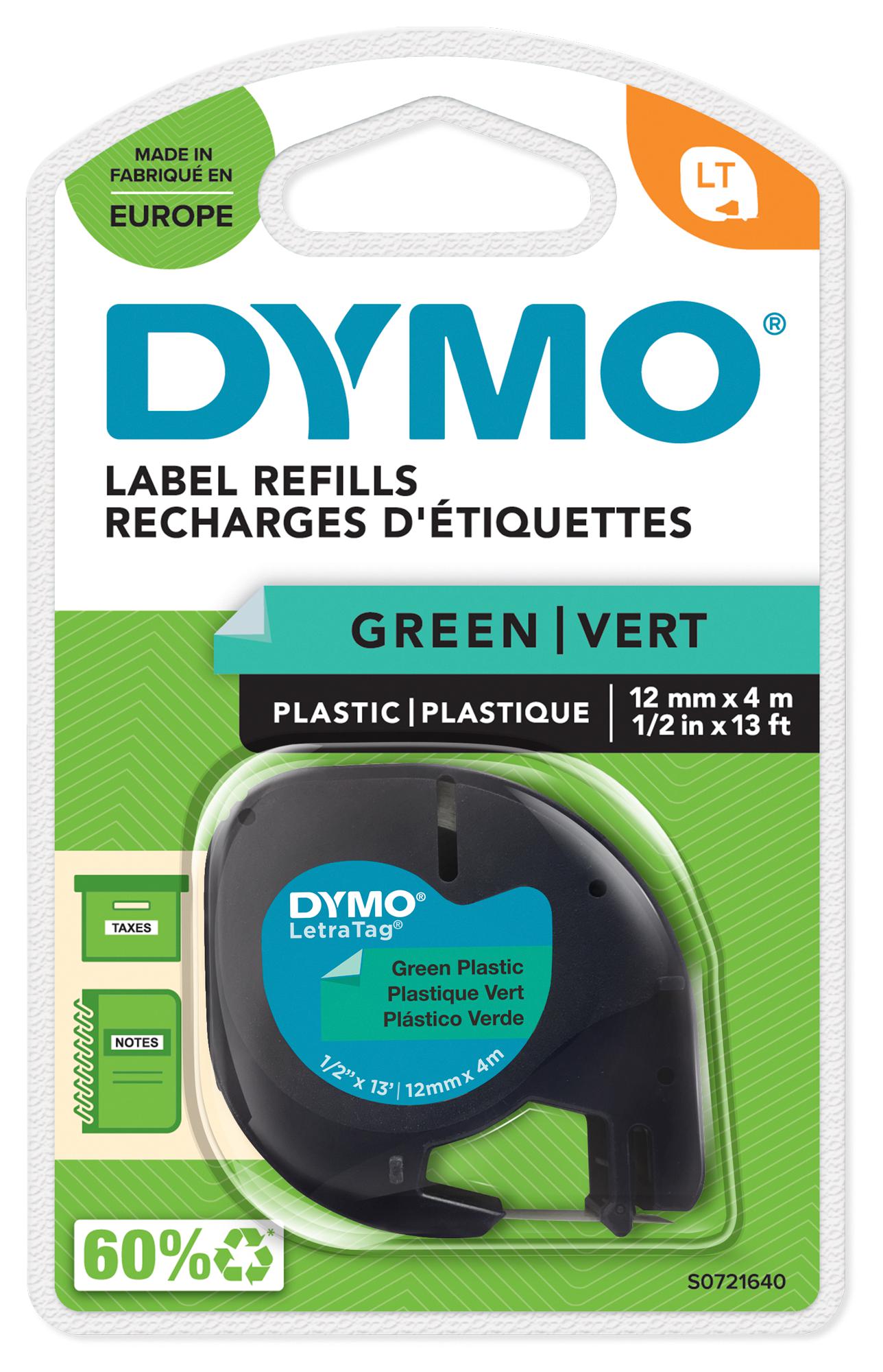 Dymo S0721640 Label, Tape, Plastic, Green, 12mm x 4M