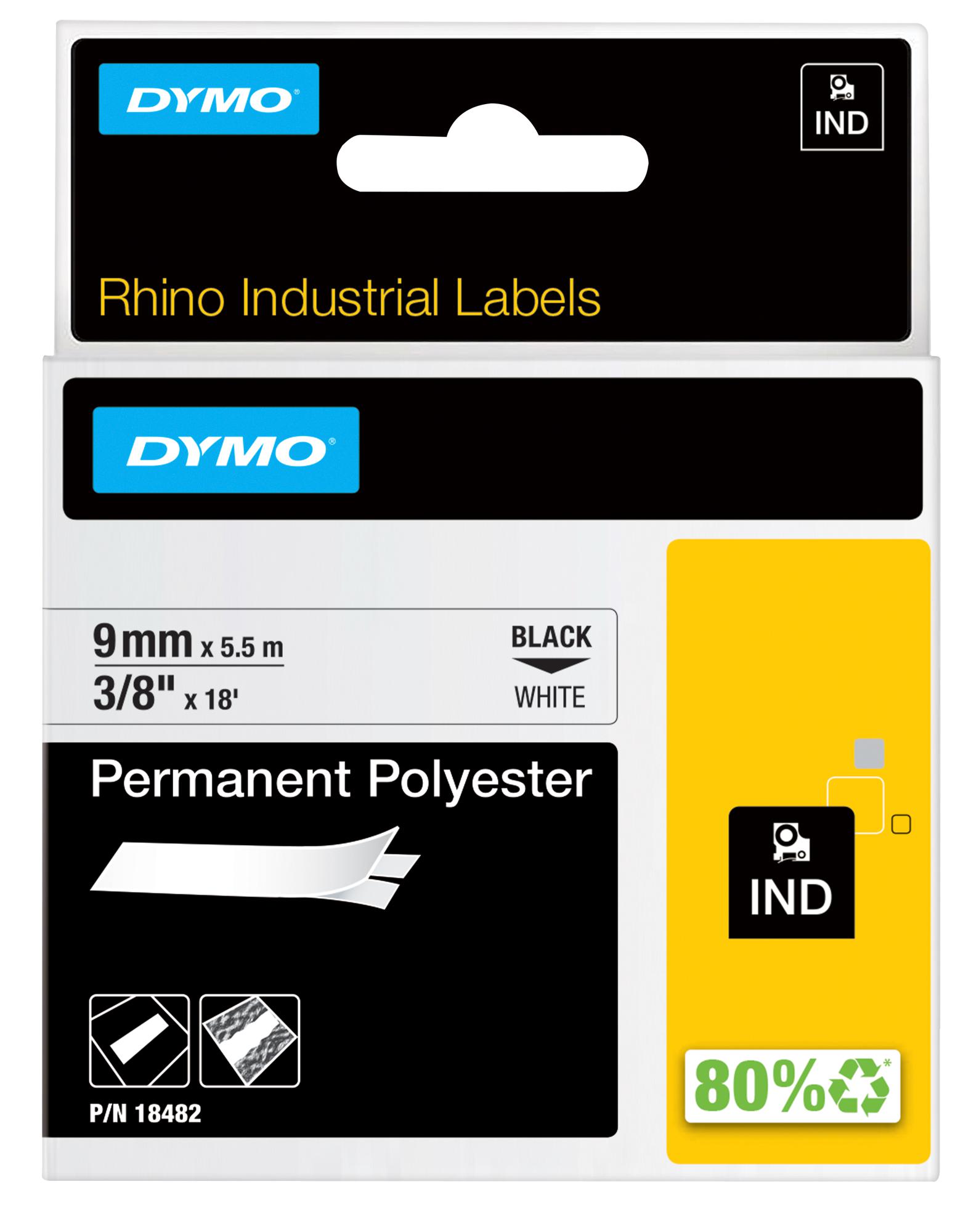 Dymo 18482 9mm Tape, Perm, Poly, White, 9mm x 5.5M