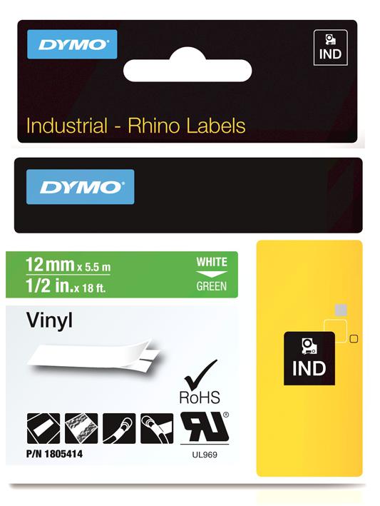 Dymo 1805414 Tape Vinyl White On Green 12mm