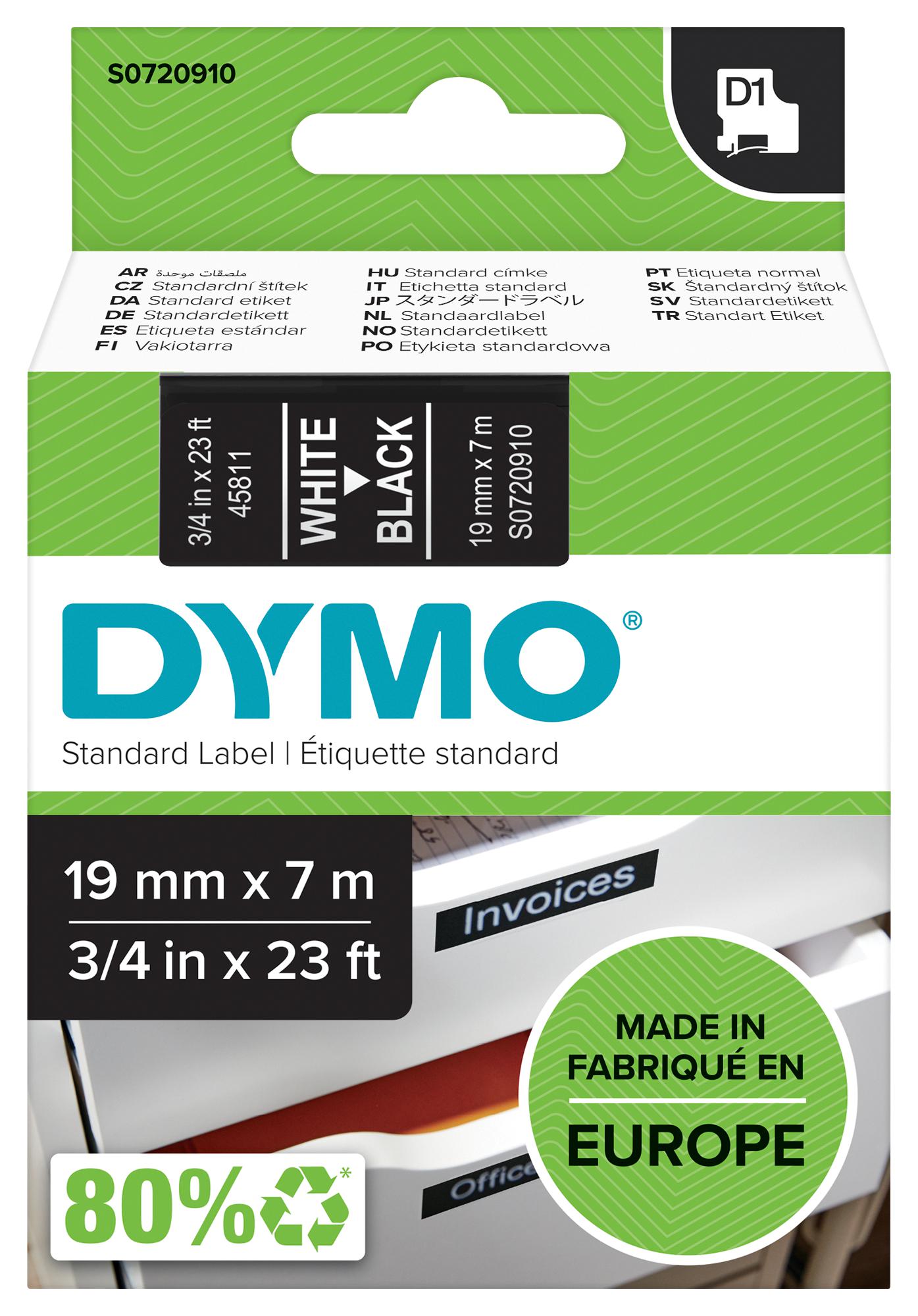 Dymo 45811 Tape, White/black, 19mm