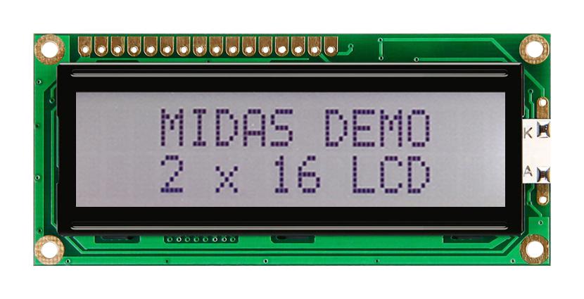 Midas Displays Mc21605C6W-Fptlws-V2 Lcd Module, 16 X 2, Cob, 5.55mm, Fstn