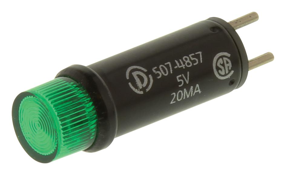 Dialight 507-4857-3332-500F. Panel Mount Indicator, Led, 7.14mm, Green, 5V