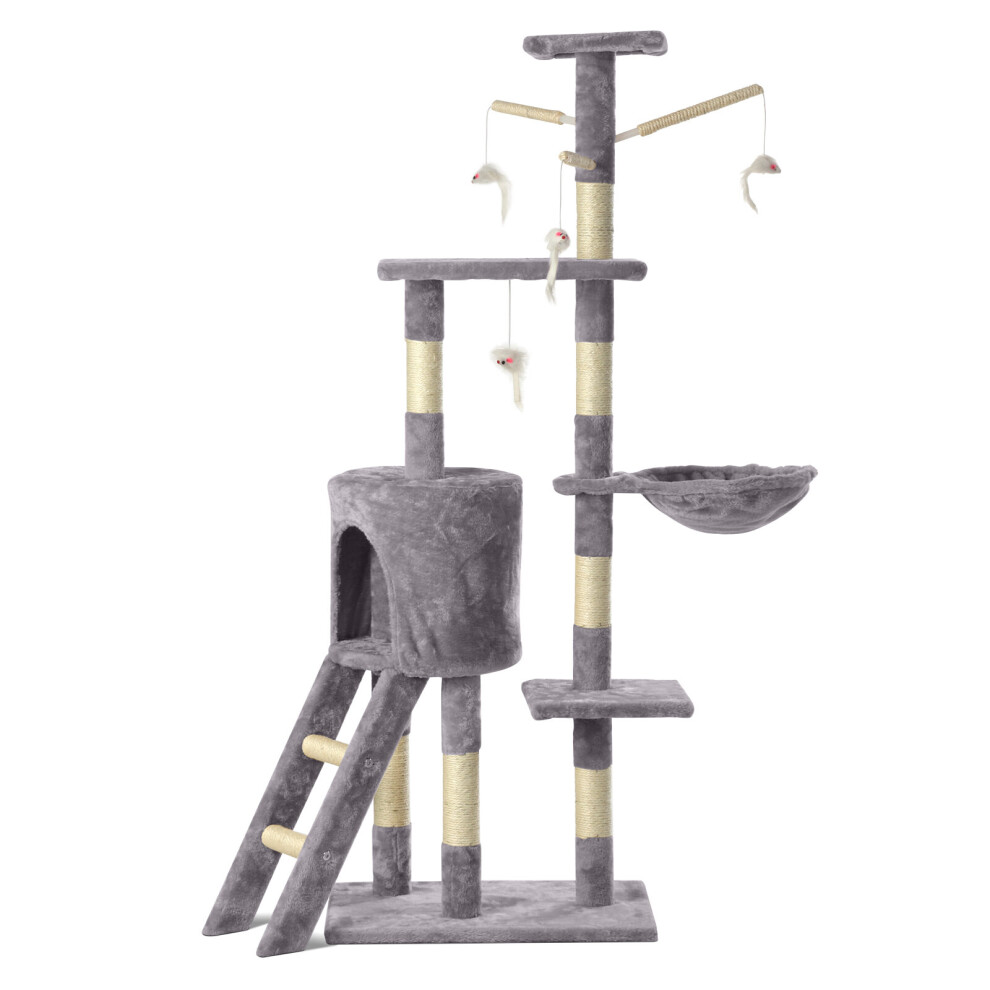 (Grey) Cat Tree With Scratching Post, Hanging Toys & Ladder