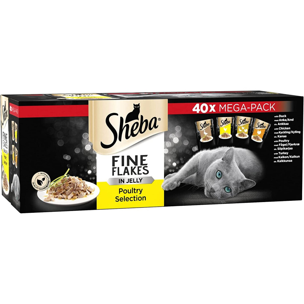 Sheba Fine Flakes in Jelly- Poultry Collection - Wet cat food pouches for adult cats (40 x 85 g)