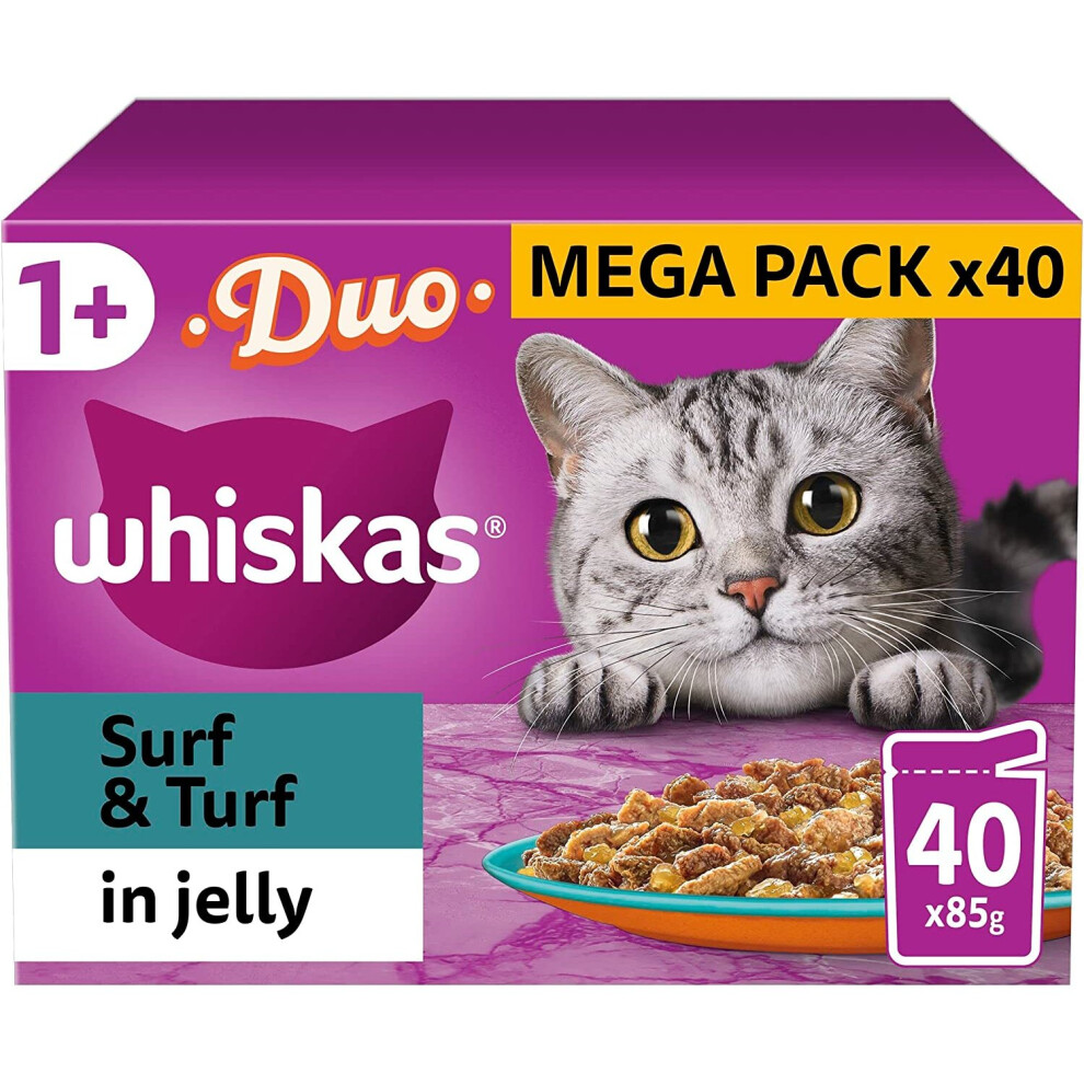 Whiskas Tasty Duo 1+ Surf and Turf in Jelly 40 x 85 g Pouches, Adult Cat Food