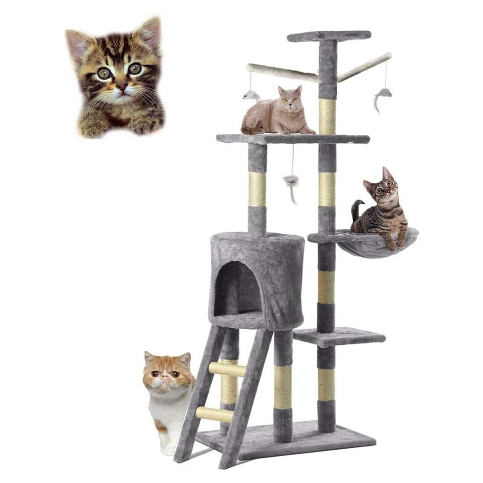Multi Level Cat Tree Tower Cat Scratching Post with Sisal-Cover, 140cm Cat Climbing Tower Activity Centre Large Cat Condo Furniture