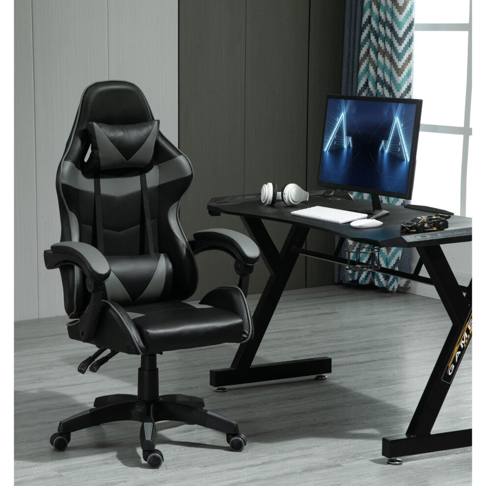 (GREY) Swivel Gaming Chair Faux Leather Desk Tilt Chair A