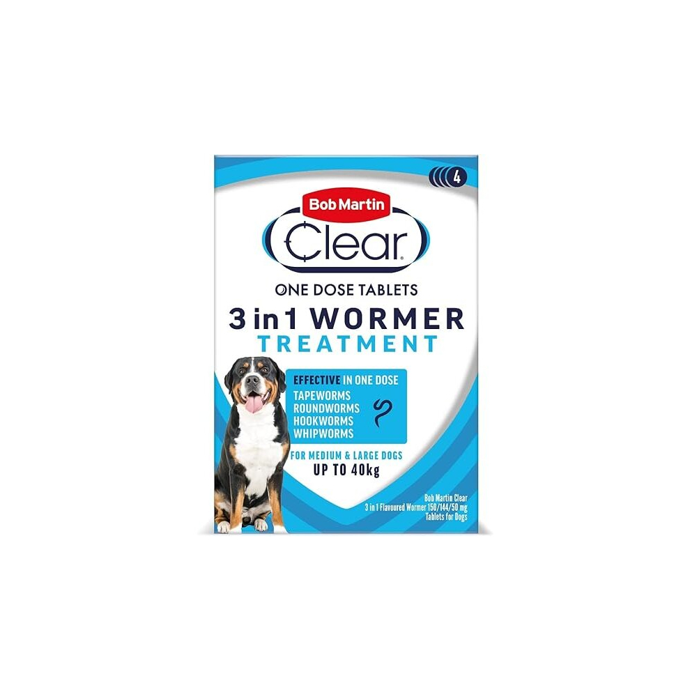 Bob Martin Clear | 3 in 1 Wormer Tablets for Small, Medium & Large Dogs (up to 40kg) | Clinically Proven Treatment (4 Tablets)