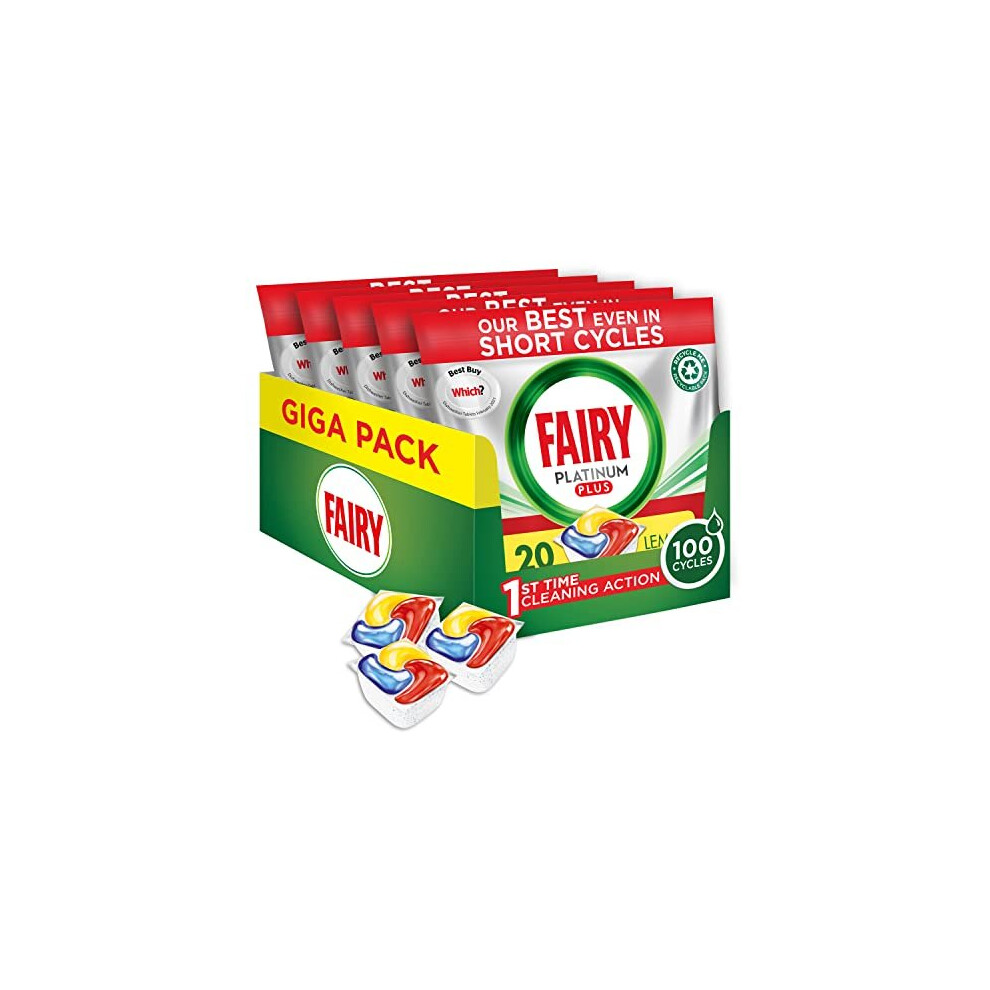 Fairy Platinum Plus Dishwasher Tablets Bulk, Lemon, 100 Tablets, Fairy's Best Tough Food Cleaning That Leaves Your Dishes Shiny Clean Like New