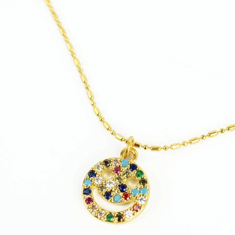 Gold Rainbow Gemstone Happy Face Necklace