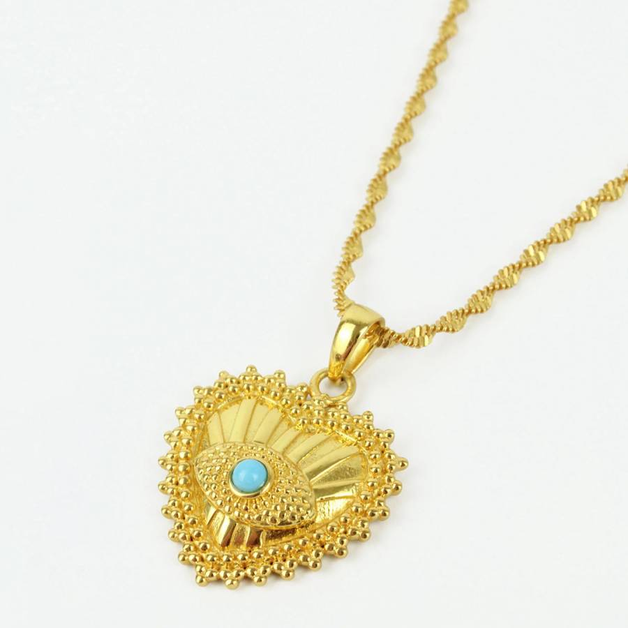 Gold Turquoise Matrix Heart Eye Long Pendant Necklace