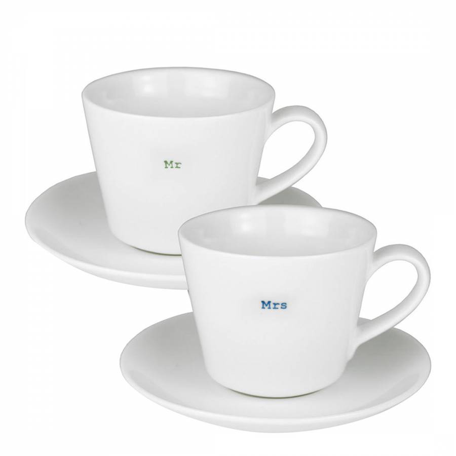 Set of 2 Espresso Cup & Saucer - Mr and Mrs in Gift Box