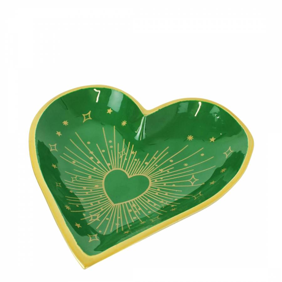 Large Green Heart Trinket Tray With Heart Burst Design