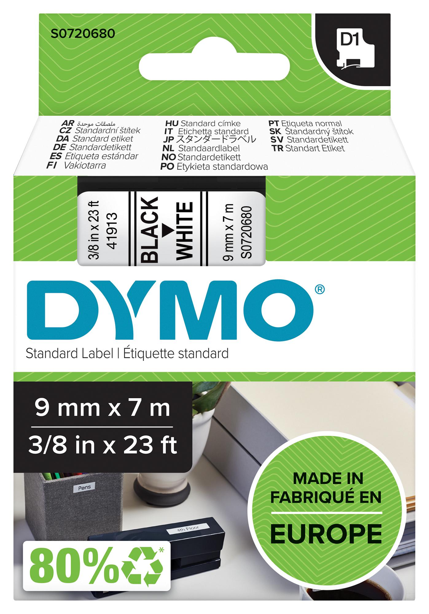 Dymo 40913 Tape, Black/white, 9mm