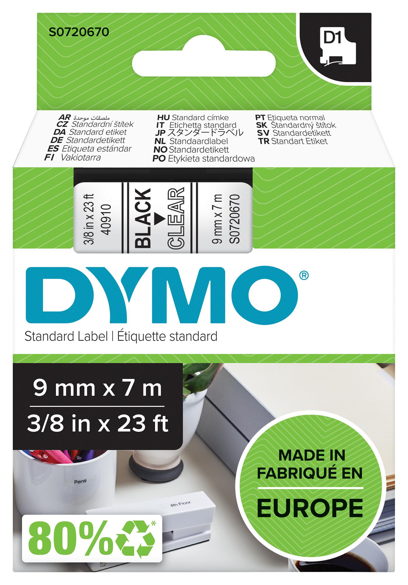Dymo 40910 Tape, Black/clear, 9mm