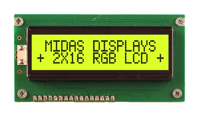 Midas Displays Md21605A6W-Fptlrgb Lcd Module, 16 X 2, Cob, 5.23mm, Fstn