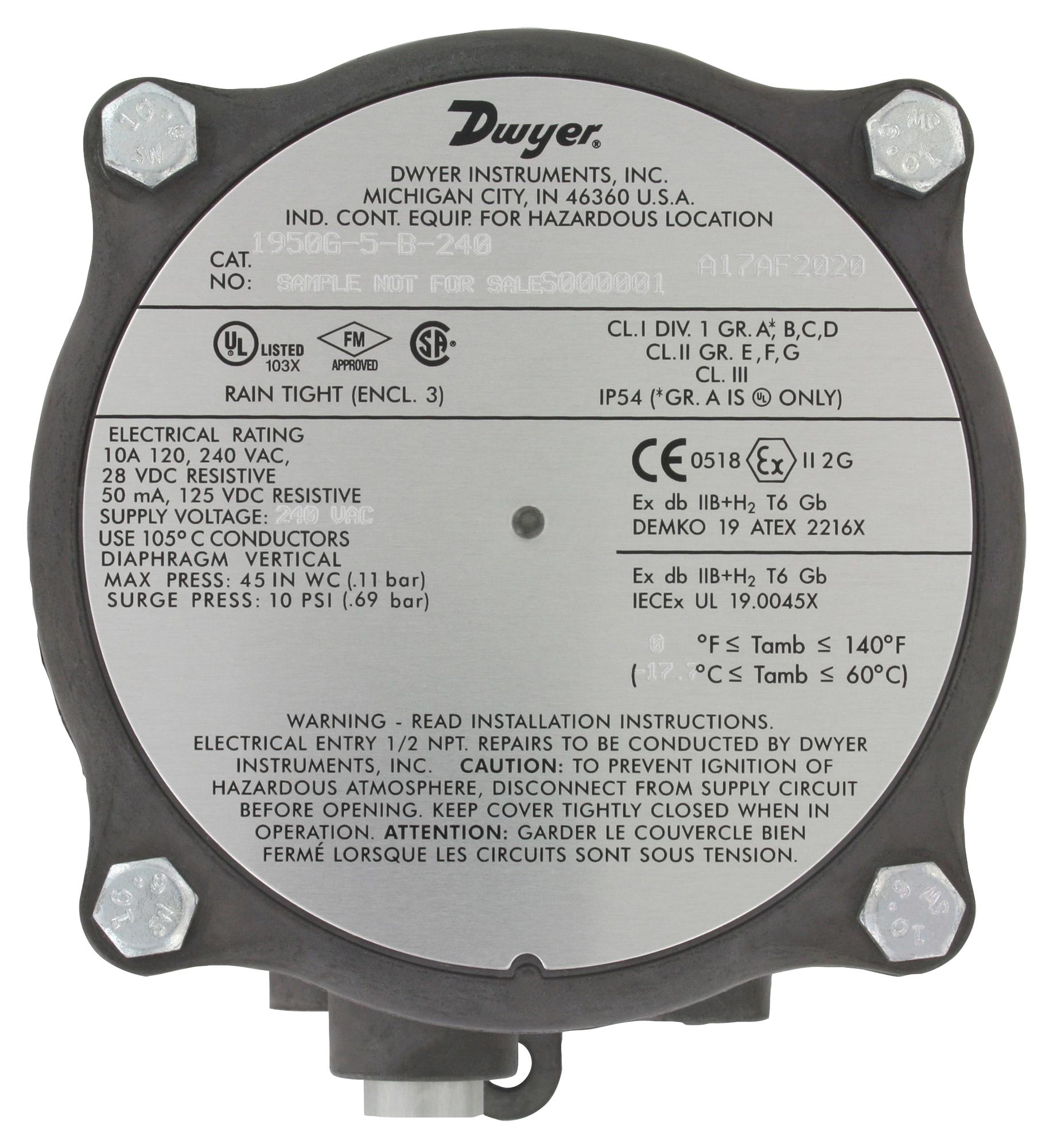 Dwyer 1950G-5-B-24-Na Pressure Switch, 5.5Inch-H2O, 1/8