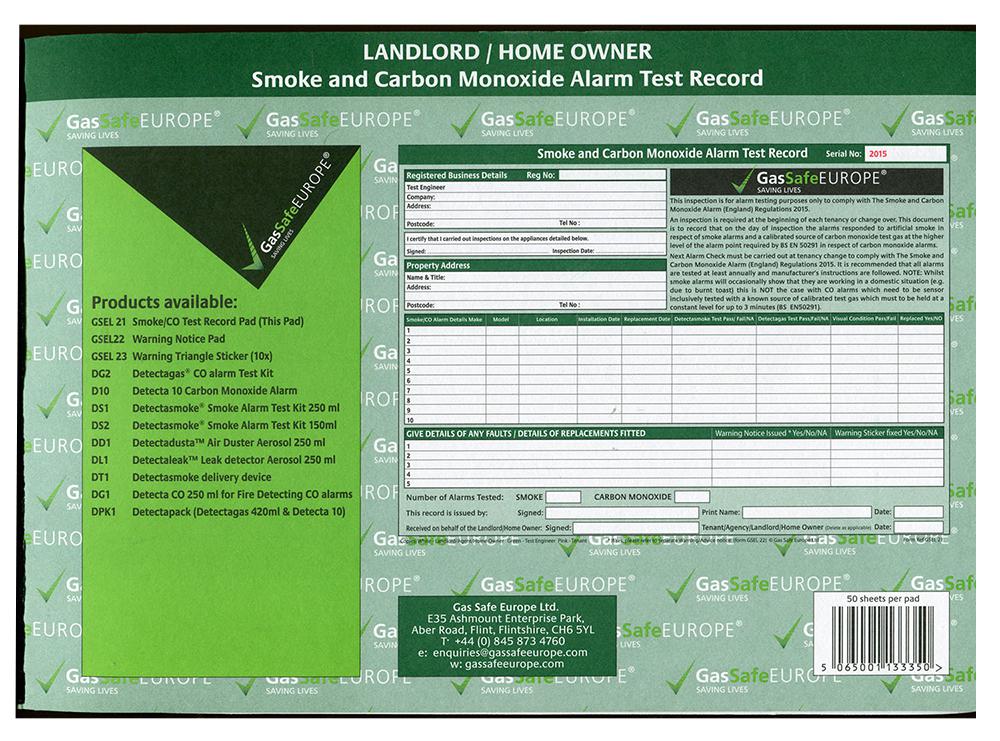 Detectagas Gsel21 Smoke & Co Alarm Test Records Pad