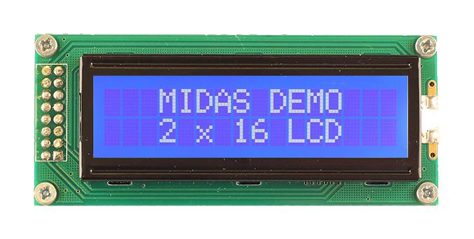 Midas Displays Mc21605B6W-Bnmlw3.3-V2 Lcd Display, Cob, 16 X 2, Blue Stn, 3.3V