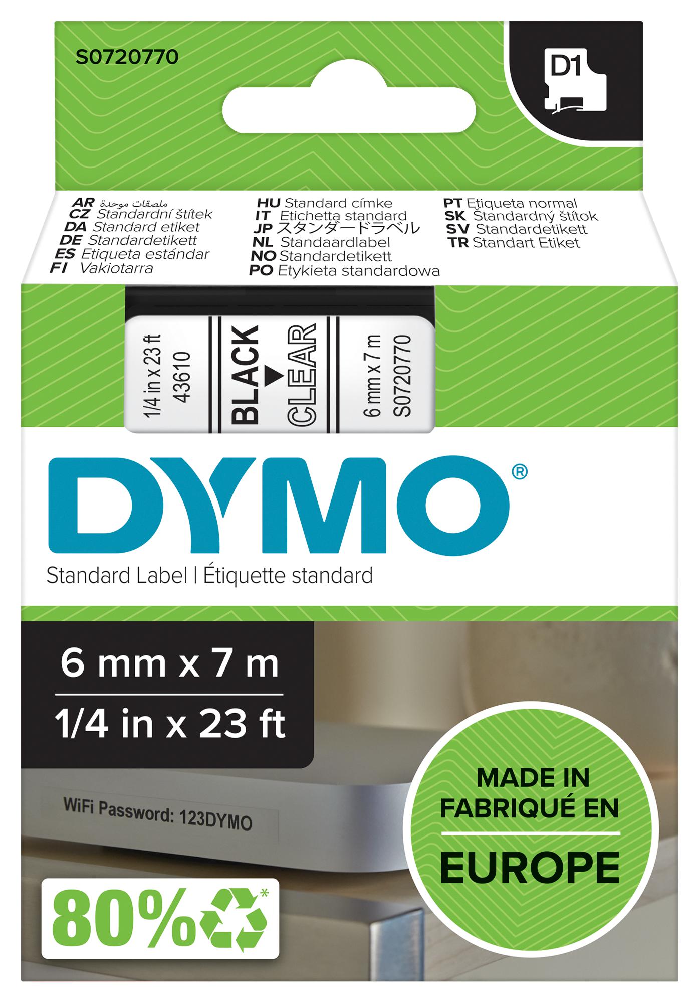 Dymo 43610 Tape, Black/clear, 6mm
